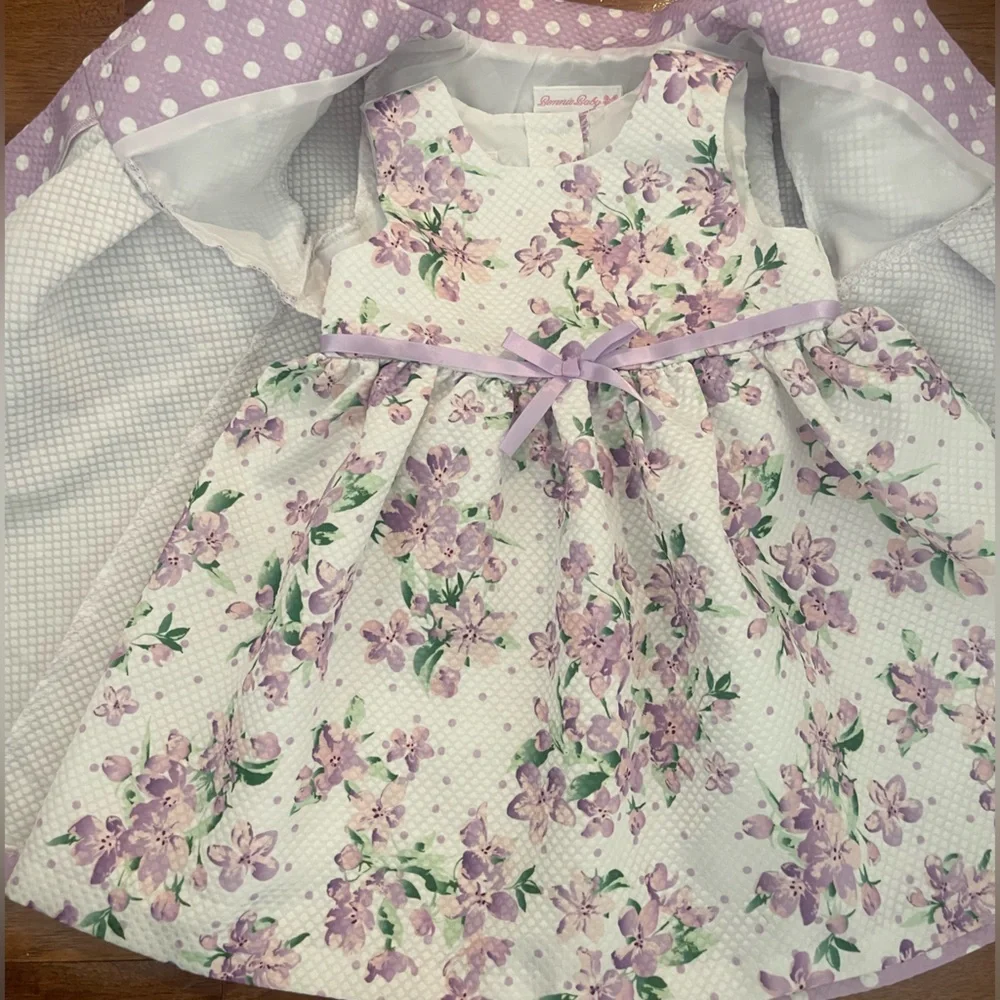 Bonnie Baby Lavender Polka Dot Kids Coat and Matching Floral Dress - Picture 3 of 9